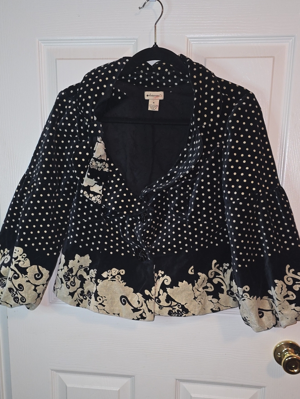 elevenses Black Polka Dot Cropped Blazer with Cream Floral Border